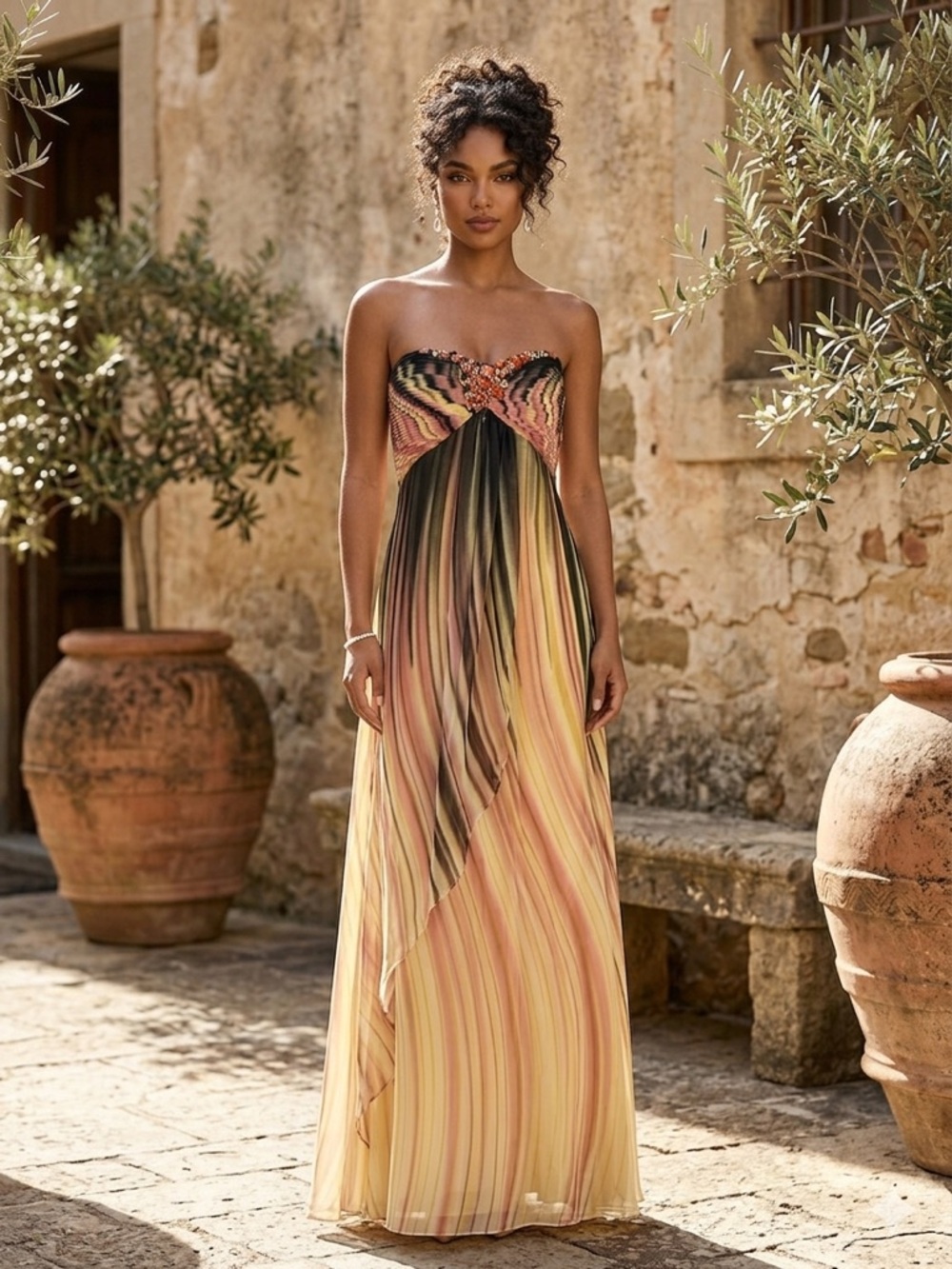 Colors Dress 0196 Strapless Ombre Chiffon Maxi Gown Gold Brown Formal Size 12